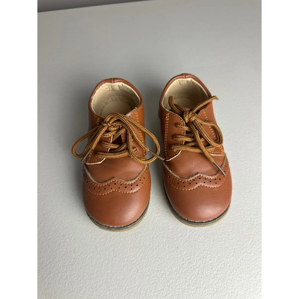 Meck Brown Faux Leather Wingtip Brogue Oxford Dress Shoes Toddler Boys Size 7
